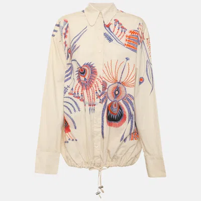 Pre-owned Dries Van Noten Beige Multicolor Printed Poplin Drawstring Shirt S In Sand