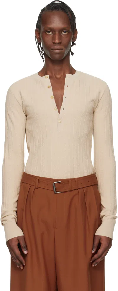 Dries Van Noten Beige Rib-knit Henley In Neutral