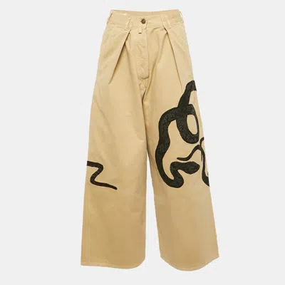 Pre-owned Dries Van Noten Beige Snake Embroidered Cotton Trousers S