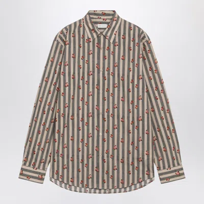 Dries Van Noten Beige Striped Cotton Shirt With Floral Print In Transparent