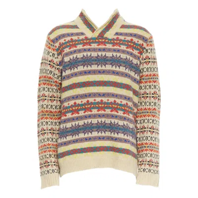 Pre-owned Dries Van Noten Beige Striped Fairisle Shetland Wool Sweater L In Brown