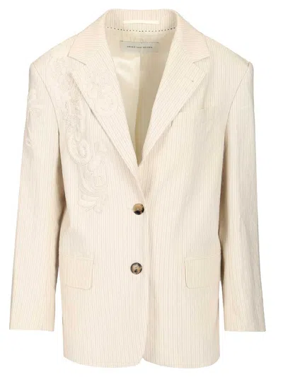 Dries Van Noten Birdy Emb Jacket Washed Stripe Cotton Jackets White