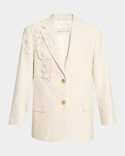 Dries Van Noten Birdy Embroidered Single-breasted Jacket In Neutral