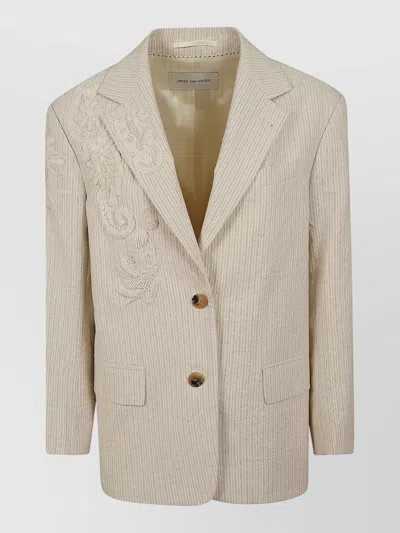 Dries Van Noten Birdy Embroidered Striped Tailored Jacket Pockets In Neutral