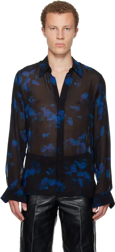 DRIES VAN NOTEN BLACK & BLUE SHEER VISCOSE SHIRT
