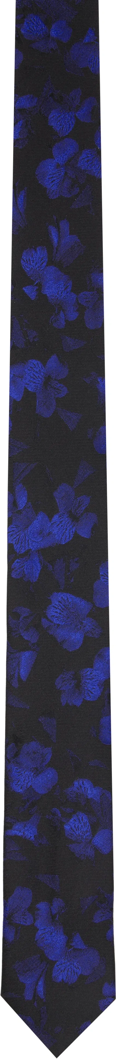 Dries Van Noten Black & Navy Printed Narrow Silk Tie In Blue
