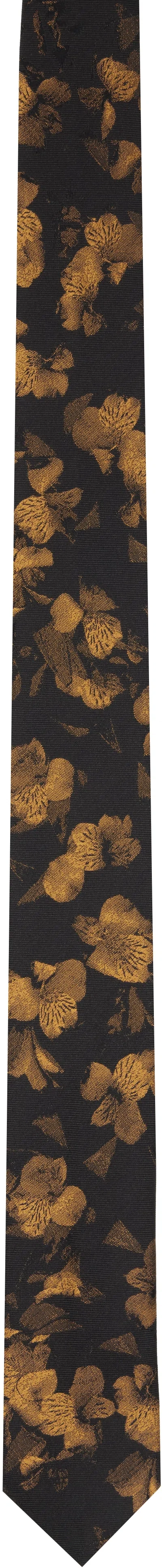 Dries Van Noten Black & Yellow Printed Narrow Silk Tie