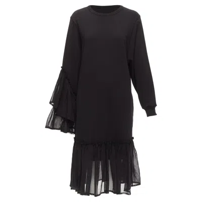 Dries Van Noten Black Cotton Asymmetric Sleeve Ruffle Hem Sweatshirt Dress S