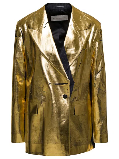 Dries Van Noten Black Double-breasted Pinstripe Jacket With Laminated Print In Wool Woman In Multicolor