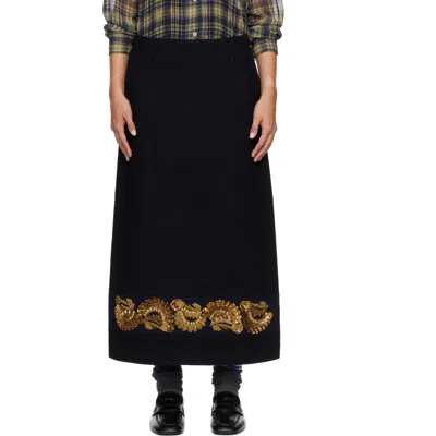 Dries Van Noten Black Embroidered Wool Maxi Skirt In 900 Black