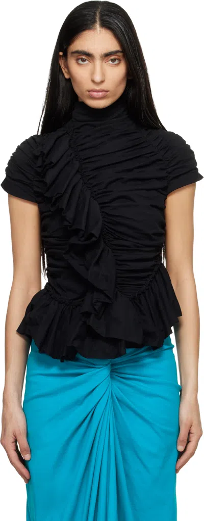 Dries Van Noten Black Fitted Gathered High-neck Blouse