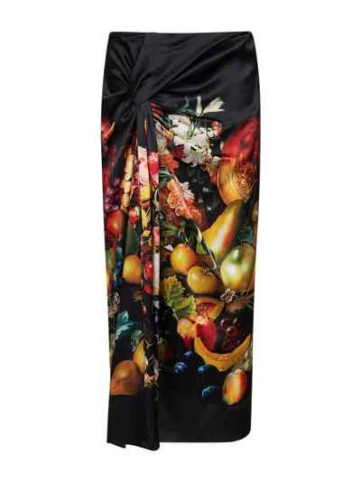 Dries Van Noten Black Flemish Painting-print Silk Suma Draped Skirt In Animal Print