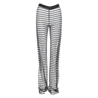 Pre-owned Dries Van Noten Black Flocked Mesh Striped Sheer Straight Leg Pants Fr34 Xs