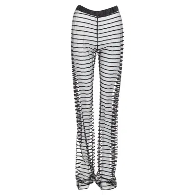 Dries Van Noten Black Flocked Mesh Striped Sheer Straight Leg Pants Fr38 M In Multi