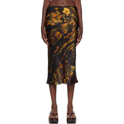 Dries Van Noten Floral-printed Silk-satin Midi Skirt In Brown