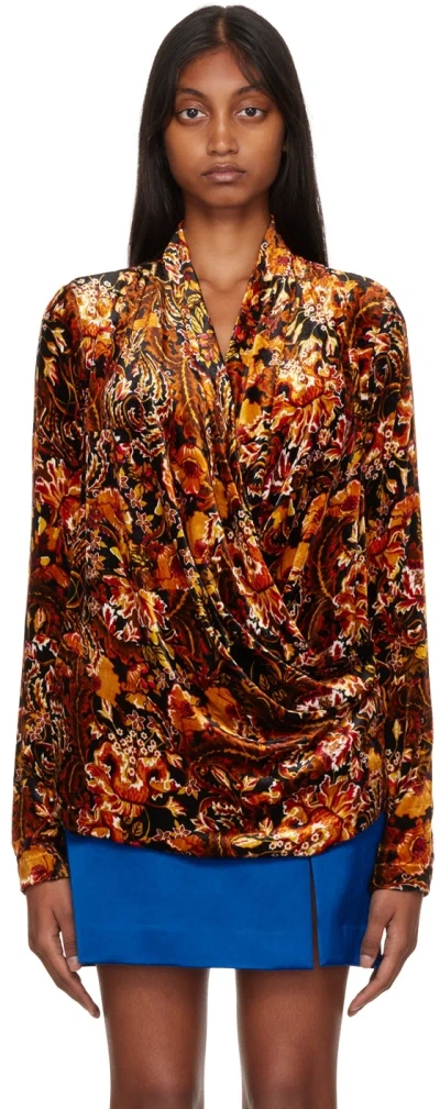 Dries Van Noten Black Gathered Blouse In 353 Orange