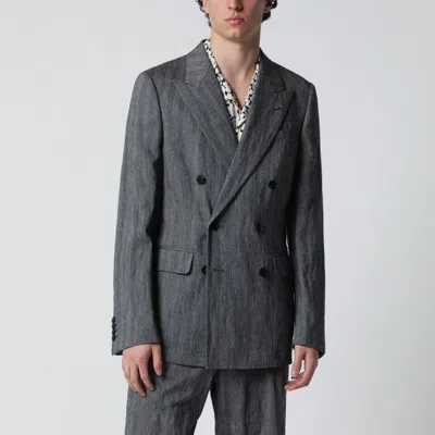 Dries Van Noten Herringbone Double Breasted Tailored Jacket Coat In Gray
