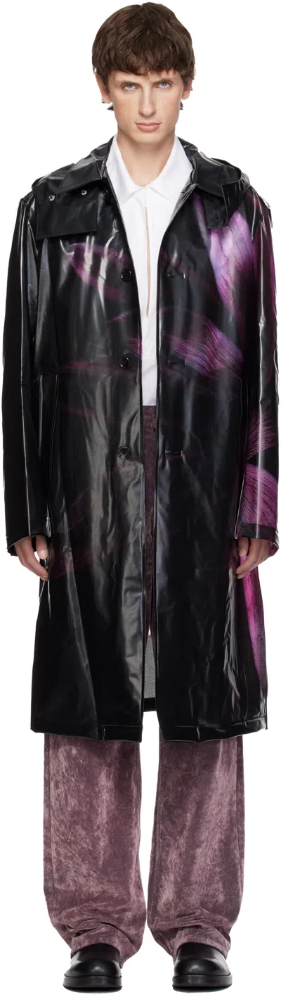 Dries Van Noten Black Loose Fit Mac Raincoat In Purple