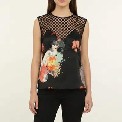 Pre-owned Dries Van Noten Black Multicolor Printed Satin And Mesh Sleeveless Tops S