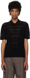 Dries Van Noten Short Sleeve Black Polo In Striped Mesh Knit In 900 Black