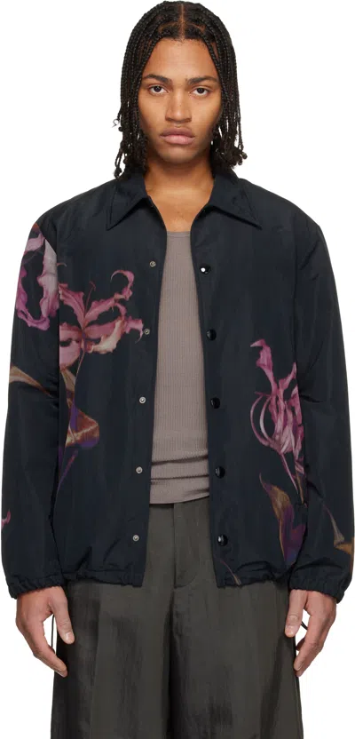 Dries Van Noten Printed Vorries Abstract Floral Bomber Jacket In Black
