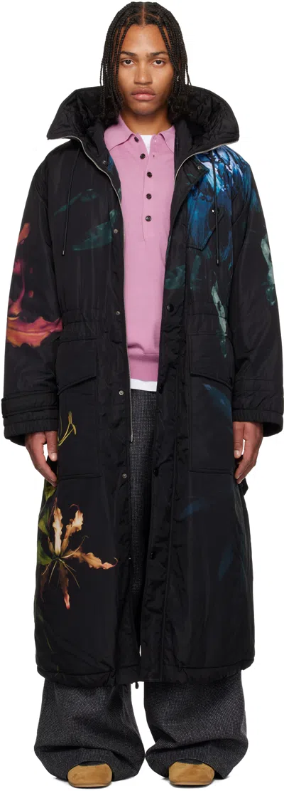 Dries Van Noten Floral Print Long Parka With Drawstring Hood And Functional Pockets In Black