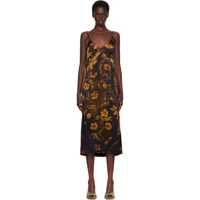 Dries Van Noten Black Satin Midi Dress In Yellow