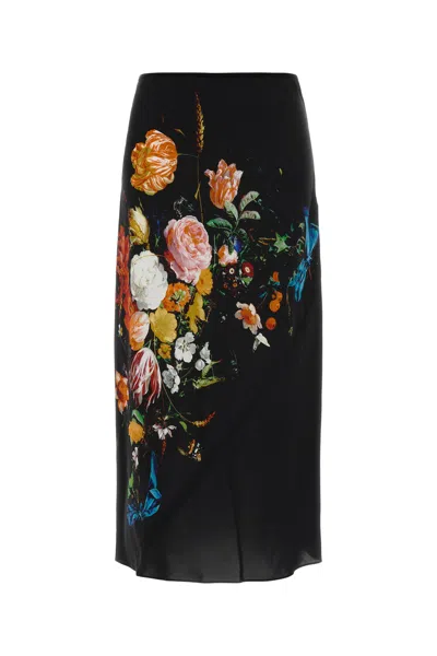 Dries Van Noten Satin Skirt Floral Print Midi Length Slit In Black