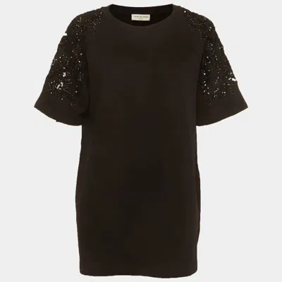 Dries Van Noten Black Sequins Embellished French Terry Knit T-shirt