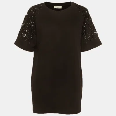 Pre-owned Dries Van Noten Black Sequins Embellished French Terry Knit T-shirt L