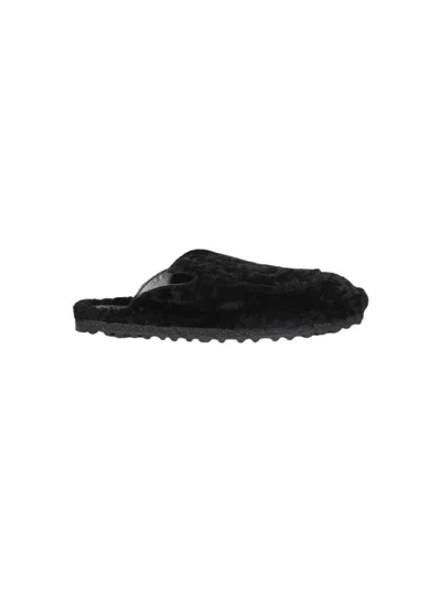 Dries Van Noten Black Shearling Mules With Rounded Toe