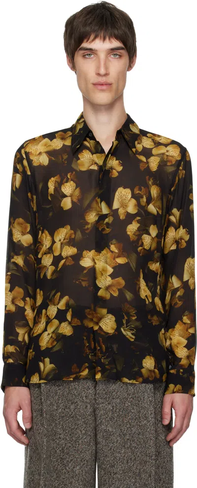 Dries Van Noten Black Sheer Viscose Shirt In Brown