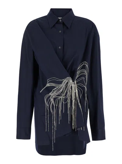 Dries Van Noten Embellished Draped Cotton Gabardine Shirt In Blue