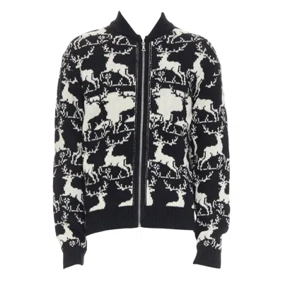 Pre-owned Dries Van Noten Black White Wool Reindeer Intarsia Zip Up Jacket M