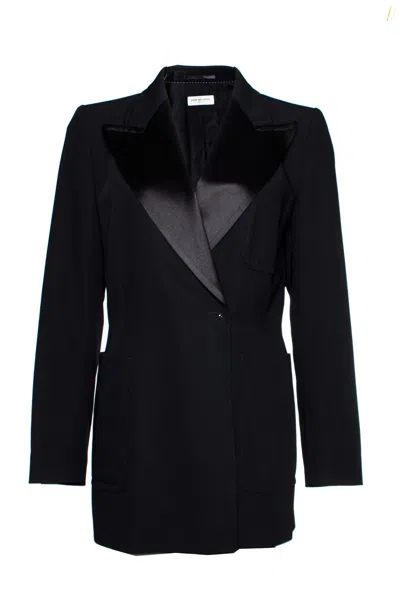 Dries Van Noten , Black Wool Blazer With Shiny Revert And Press Studs In Size Eu40/l.