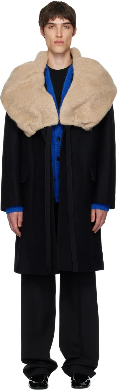 Dries Van Noten Black Wool Collar Coat In Animal Print