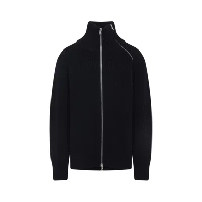 Dries Van Noten Full Zip Turtleneck Sweater With Shoulder Detail In Black