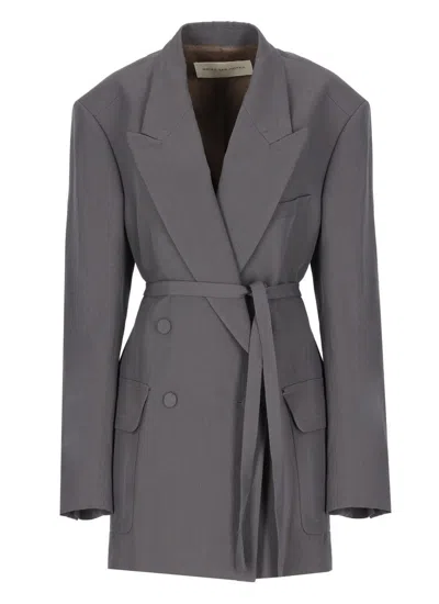 Dries Van Noten Double-breasted Belted Blazer In Grey