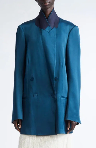 Dries Van Noten Blink Double Breasted Oversize Satin Jacket In Blue