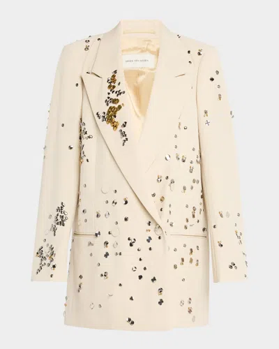 Dries Van Noten Double-breasted Embellished Wool-twill Blazer In Cream