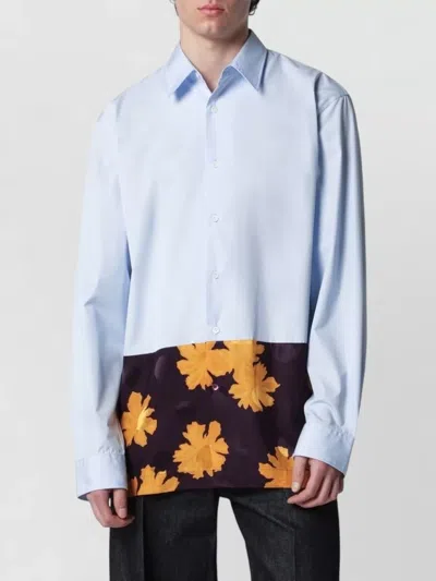 Dries Van Noten Block Pattern Floral Print Long Sleeve Shirt In Blue