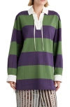 Dries Van Noten Oversized Tie-detailed Striped Cotton-blend Jersey Polo Shirt In Dark Purple 402