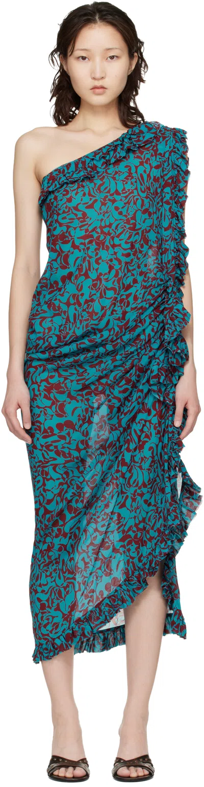 Dries Van Noten Blue & Burgundy Graphic Midi Dress In Animal Print