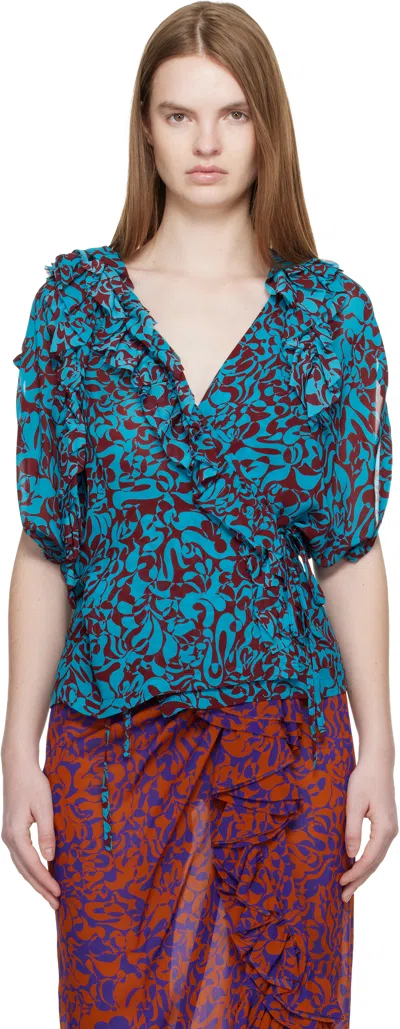 Dries Van Noten Blue & Burgundy Pattern Top