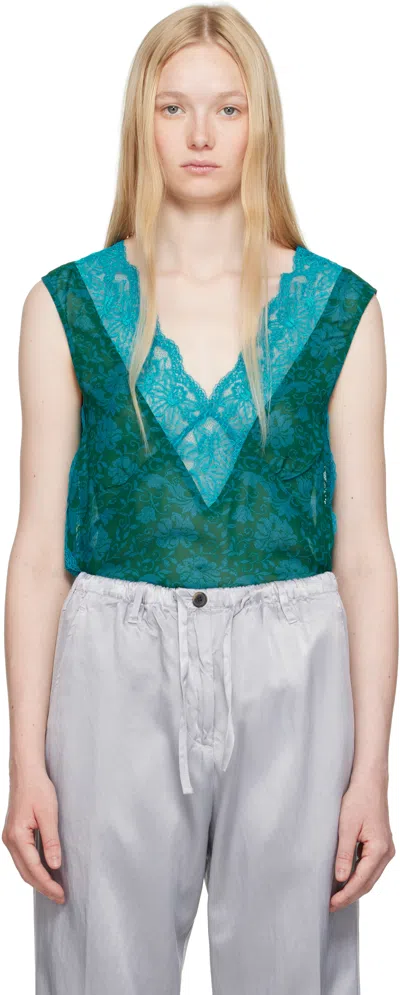 Dries Van Noten Blue & Green Floral Tank Top In 503 Turquoise