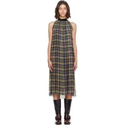 Dries Van Noten Blue & Green Pleated Check Chiffon Midi Dress In Multi