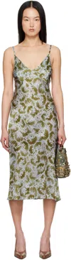 Dries Van Noten Blue & Green Silk Slip Midi Dress In 606 Khaki