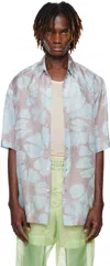 Dries Van Noten Blue & Pink Silk Short Sleeve Shirt In 562 Pale Blue