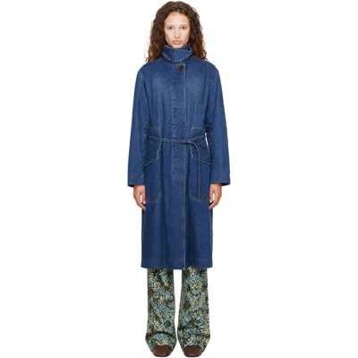 Dries Van Noten Blue Belted Denim Coat In 504-blue