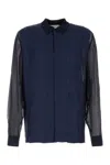 Dries Van Noten Sheer Sleeves Textured Fabric Shirt In Navy
